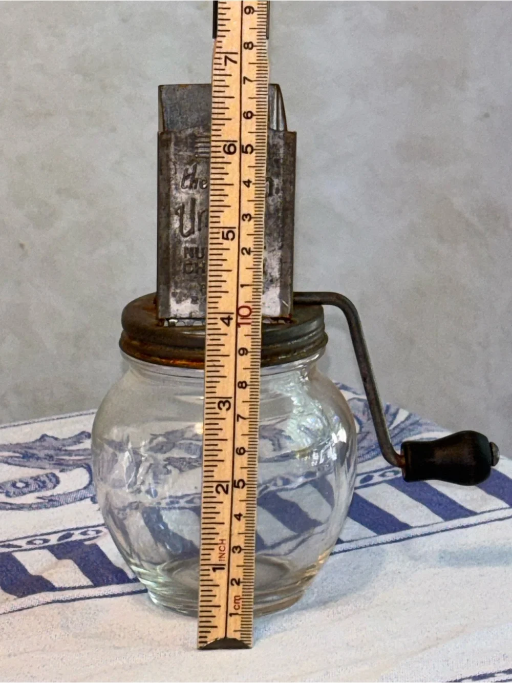 Vintage 1930s Uniform Nut Meat Chopper Hazel Atlas Glass Jar Hand Crank
